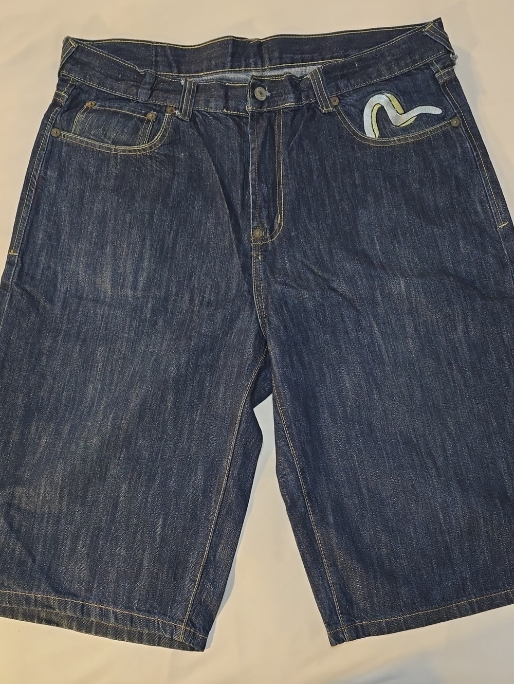 Evisu Men's Dark Blue Denim Shorts with Yellow Topstitching